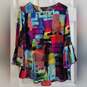 Ali Miles Small Tunic Top multi color bell sleeves pleated designer